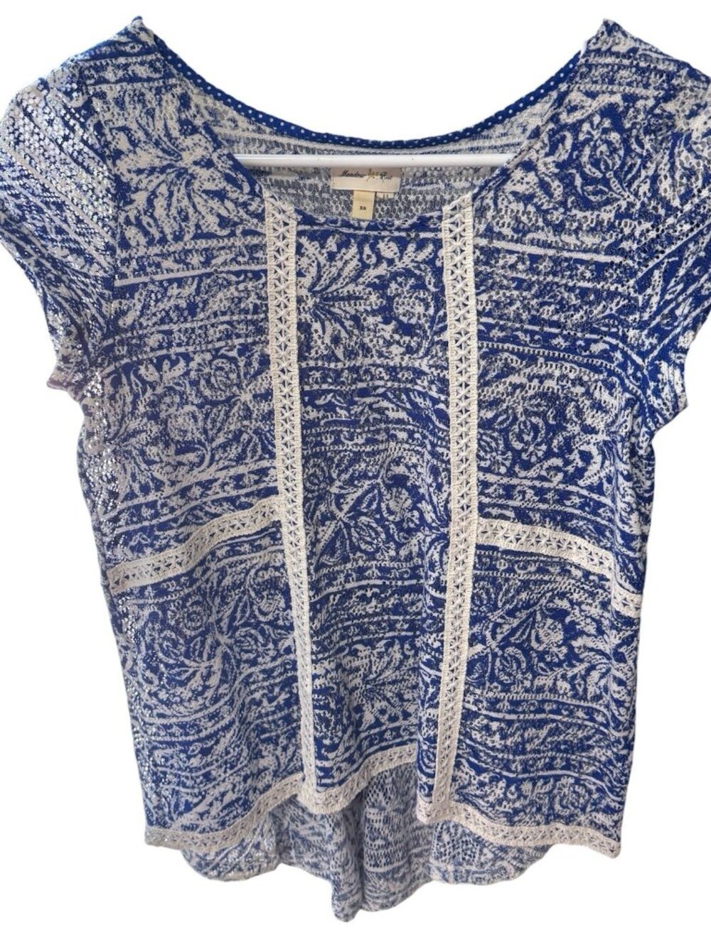 Meadow Rue Anthropologie Blue White Paisley Lace High Low Top X-Small